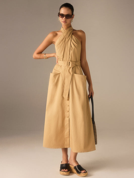 Cotton Pleated Halter Neck Belted Midi Dress