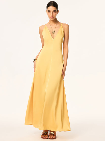 Crisscross Strap Backless Satin Maxi Dress