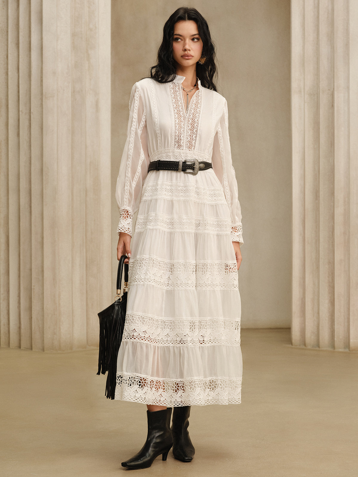 Semi-Sheer Lace Panel Maxi Dress without Belt