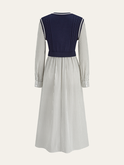 2 in 1 Cable-Knit Paneled Striped Midi Dress
