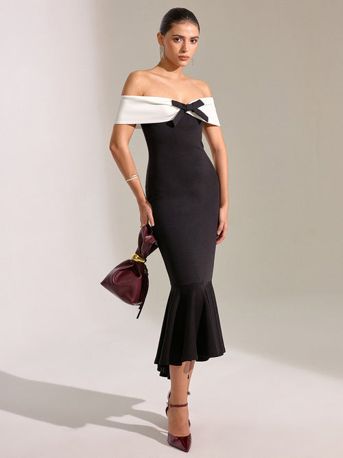 Bow Off-Shoulder Mermaid Midi Dress