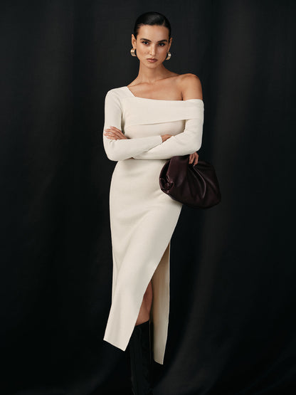 One Shoulder Wool Blend Knit Midi Slit Dress