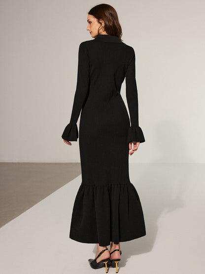 Mermaid Hem Collared Knit Maxi Dress