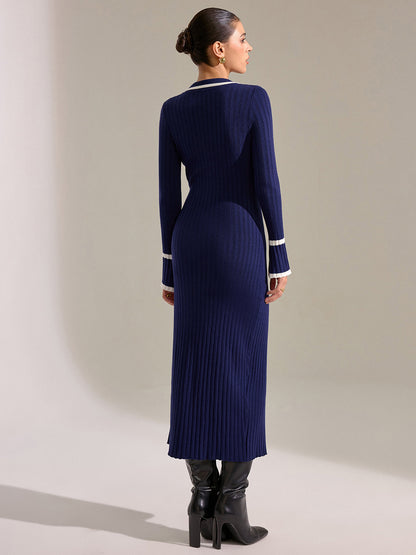 Contrast Trim Button Front Slim Fit Midi Dress