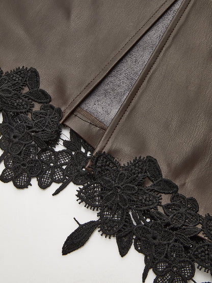 Lace Trim PU Leather Sleeveless Maxi Dress