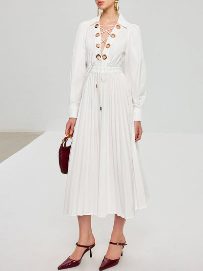 Lace-Up Pleated Midi Dress