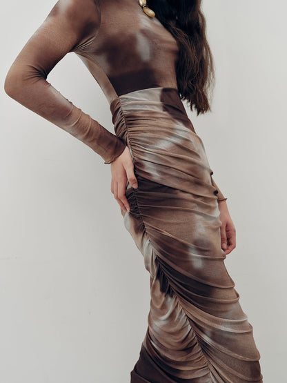 Tie-Dye Ruched Mesh Maxi Dress