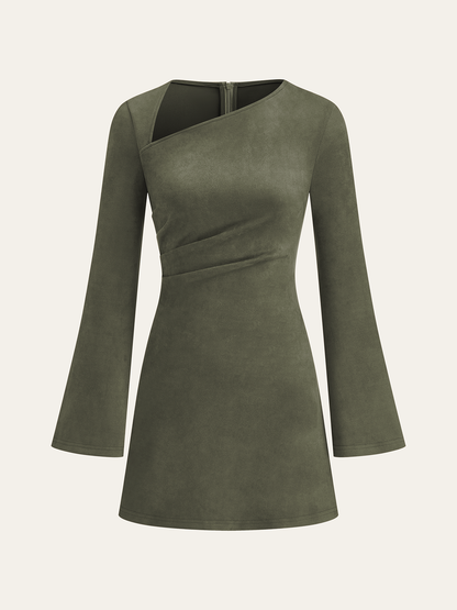 Asymmetrical Ruched Long Sleeve Suede Effect Mini Dress