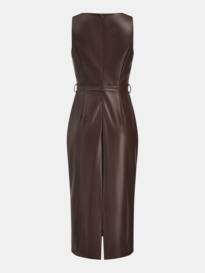 Faux Leather Sleeveless Midi Dress
