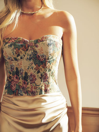 Satin Skirt Panel Floral Corset Maxi Dress