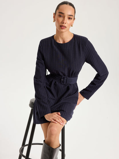 Long Sleeve Pinstripe Belted Mini Dress
