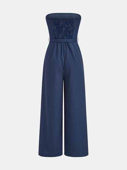 Transparent Strap Belted Pinstripe Jumpsuit