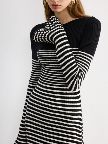 Flared Sleeve Color-Block Striped Knit Maxi Dress