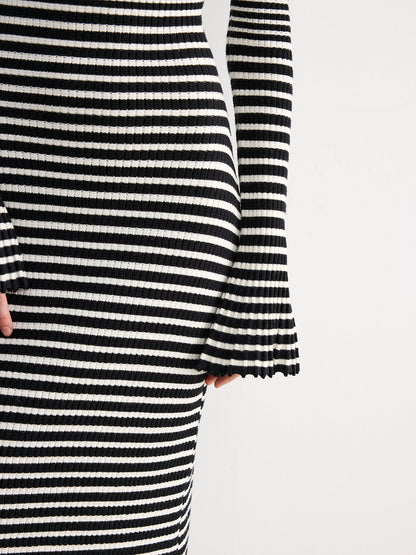 Flared Sleeve Color-Block Striped Knit Maxi Dress