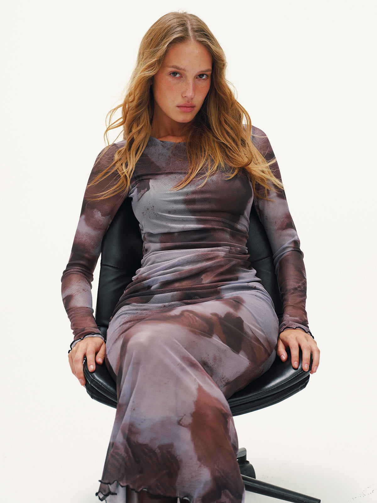 Tie-Dye Mesh Long Sleeve Maxi Dress