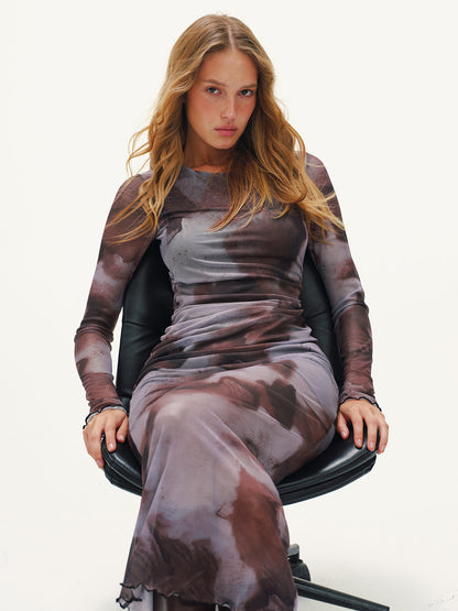 Tie-Dye Mesh Long Sleeve Maxi Dress