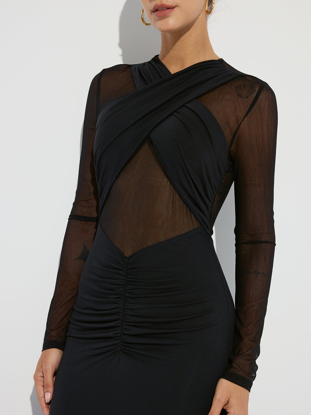 Cross-Front Ruched Mesh Paneled Maxi Dress