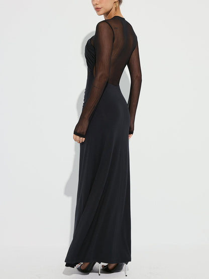 Cross-Front Ruched Mesh Paneled Maxi Dress