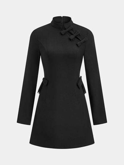 Mandarin Collar Bow Detail Mini Dress