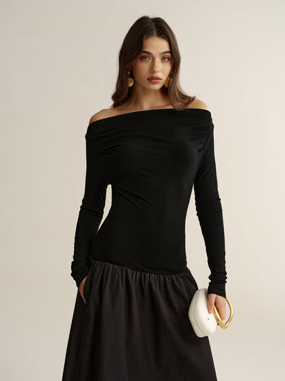 Off-Shoulder Long-Sleeve Maxi Dress