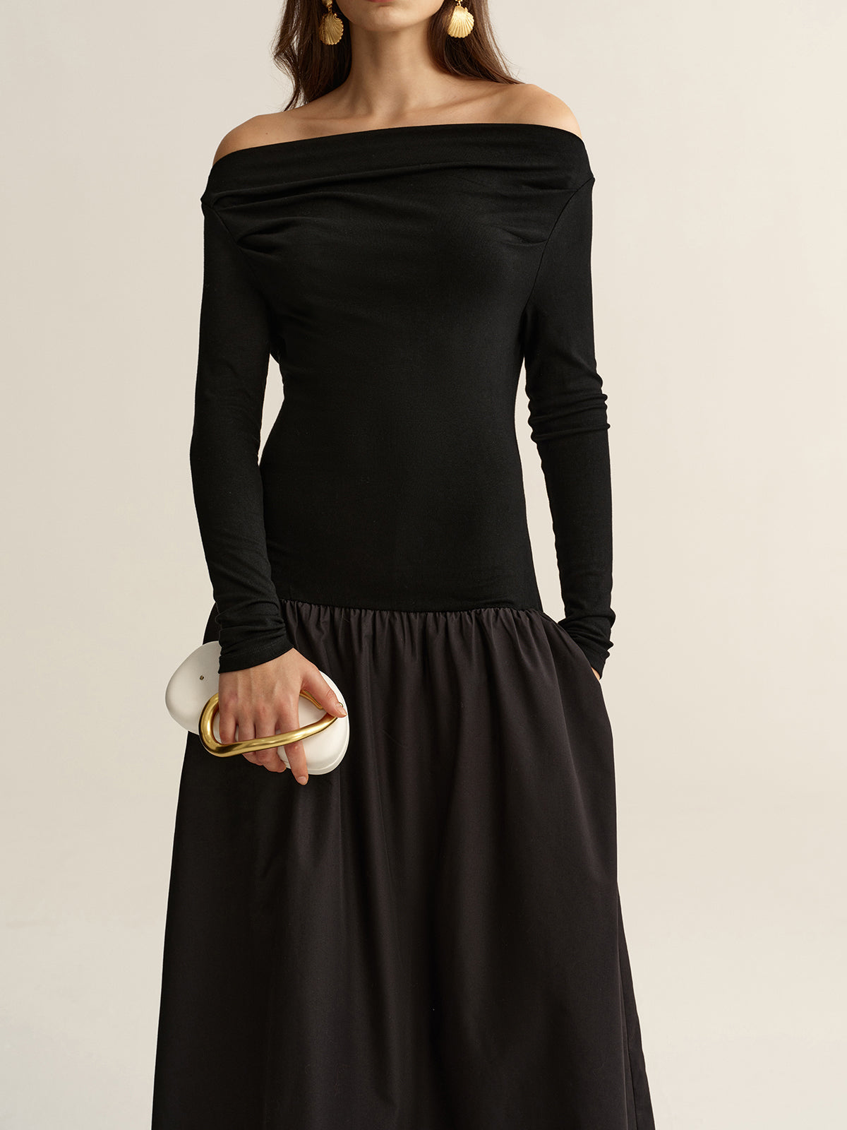 Off-Shoulder Long-Sleeve Maxi Dress