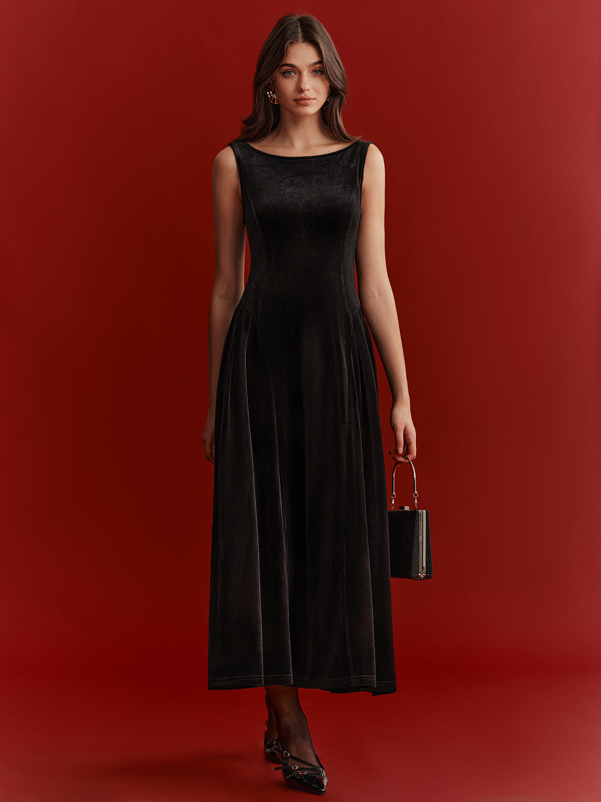 Mesh Back Bow Detail Velvet Maxi Dress