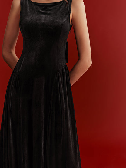 Mesh Back Bow Detail Velvet Maxi Dress