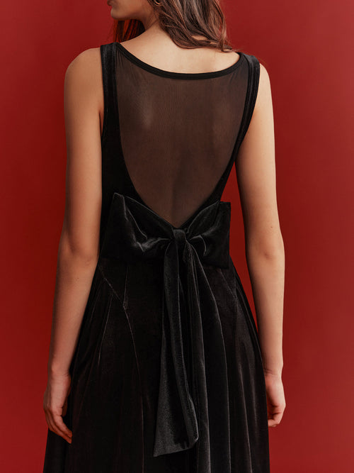 Mesh Back Bow Detail Velvet Maxi Dress