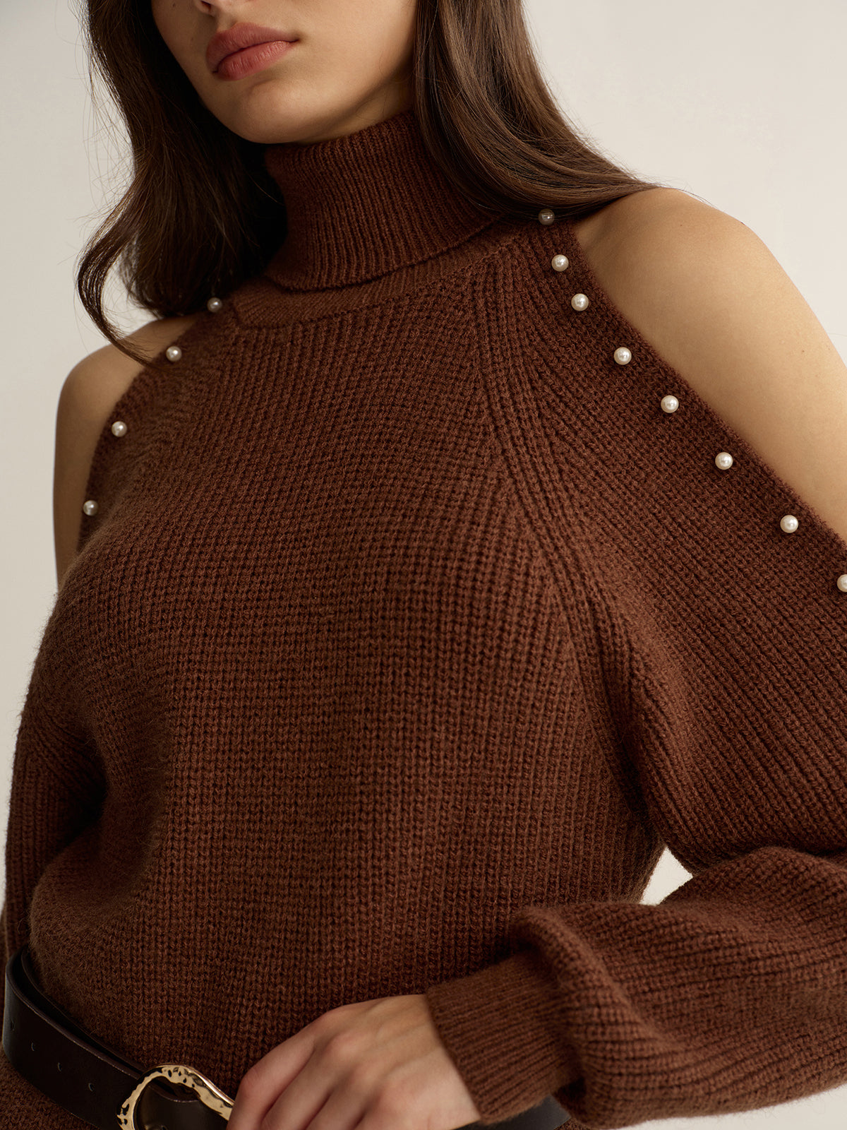 Belted Cold-Shoulder Turtleneck Knit Dress