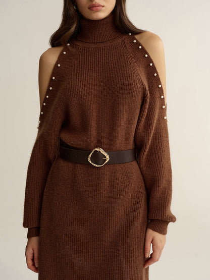 Belted Cold-Shoulder Turtleneck Knit Dress