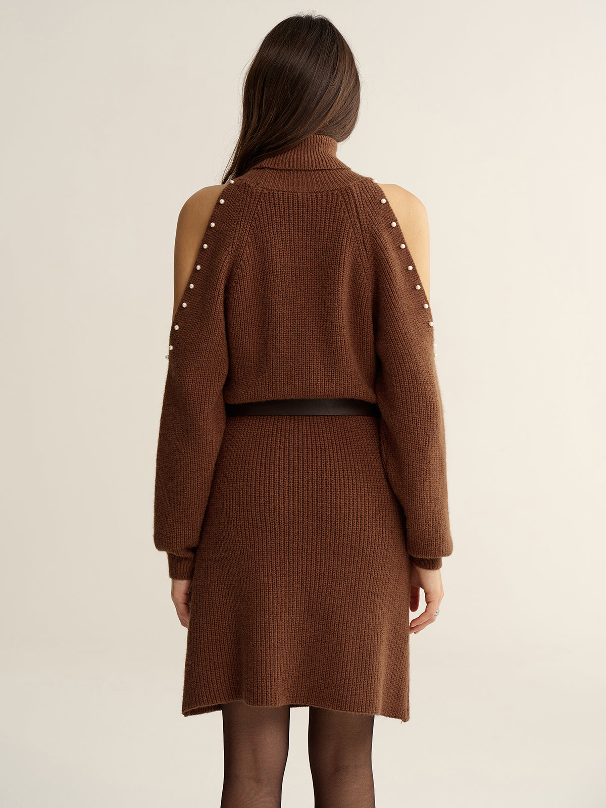 Belted Cold-Shoulder Turtleneck Knit Dress