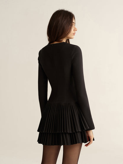 Long Sleeve Tiered Pleated Mini Dress