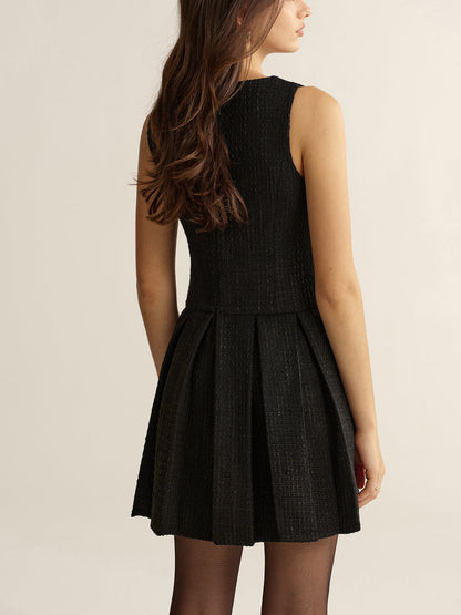 Metal Detail Tweed Pleated Mini Dress