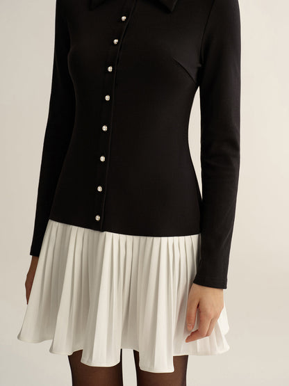 Contrast Pleated Hem Collared Mini Dress
