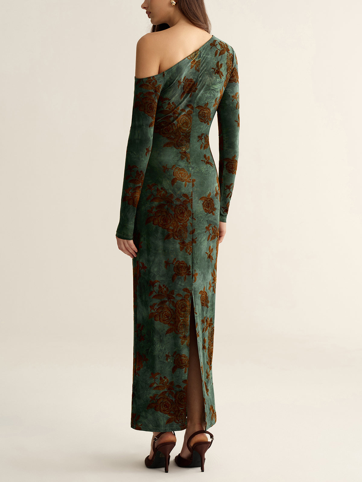 Floral Jacquard One-Shoulder Maxi Dress