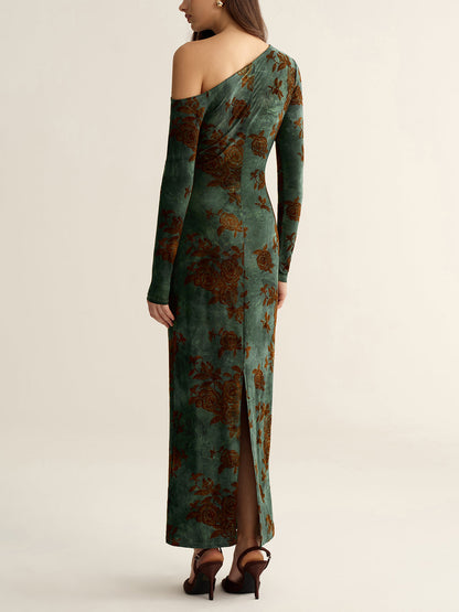 Floral Jacquard One-Shoulder Maxi Dress