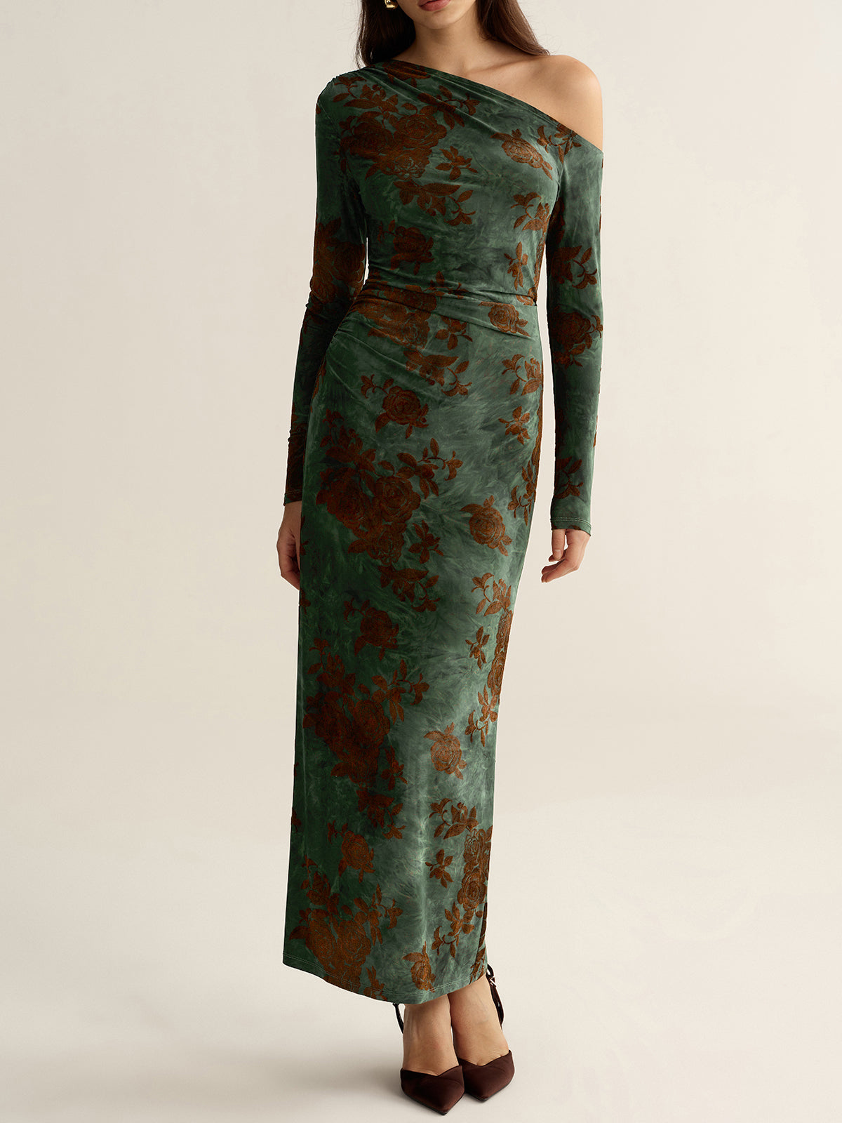 Floral Jacquard One-Shoulder Maxi Dress