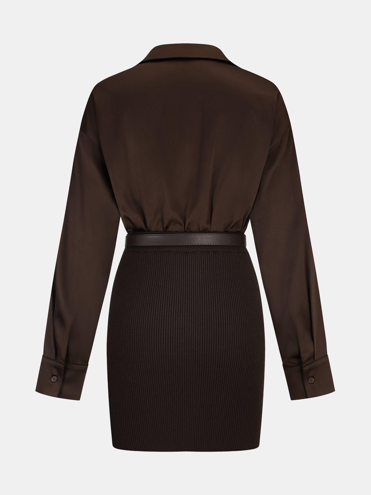 Ribbed Knit Panel Belted Shirt Dress