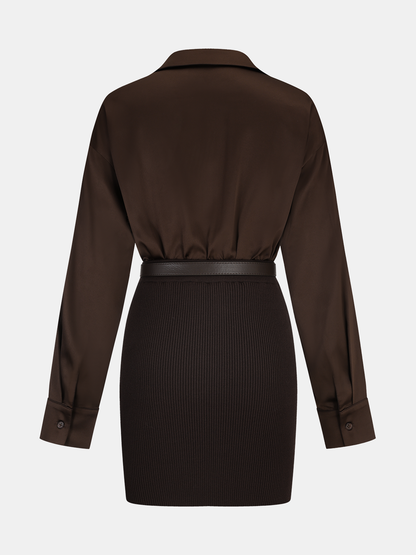 Ribbed Knit Panel Belted Shirt Dress