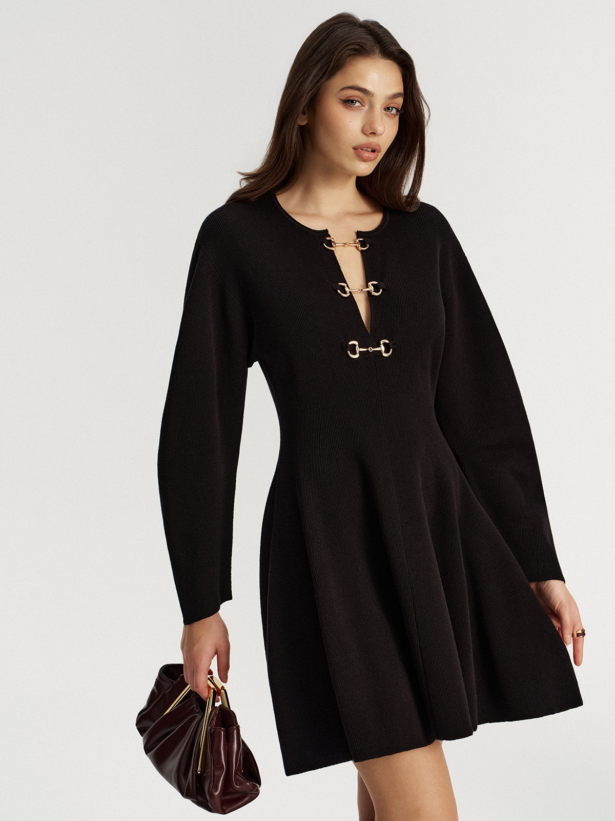 Horsebit Detail Knit Flared Dress