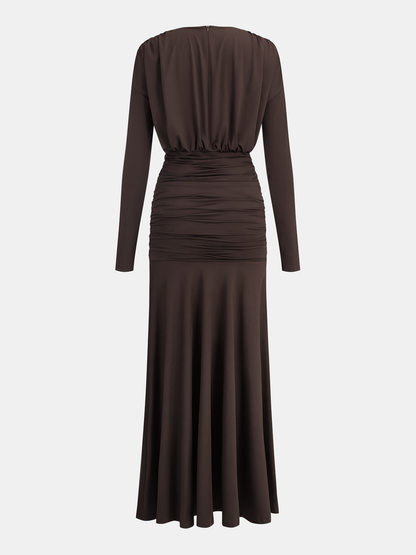 Long-Sleeve Ruched Waist Mermaid Maxi Dress