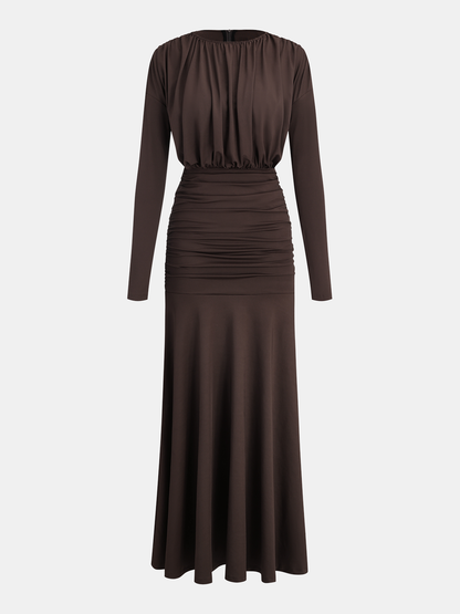 Long-Sleeve Ruched Waist Mermaid Maxi Dress