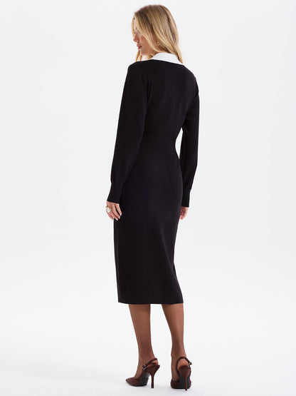 Contrast Trim Decor Pockets Split Hem Shirt Dress