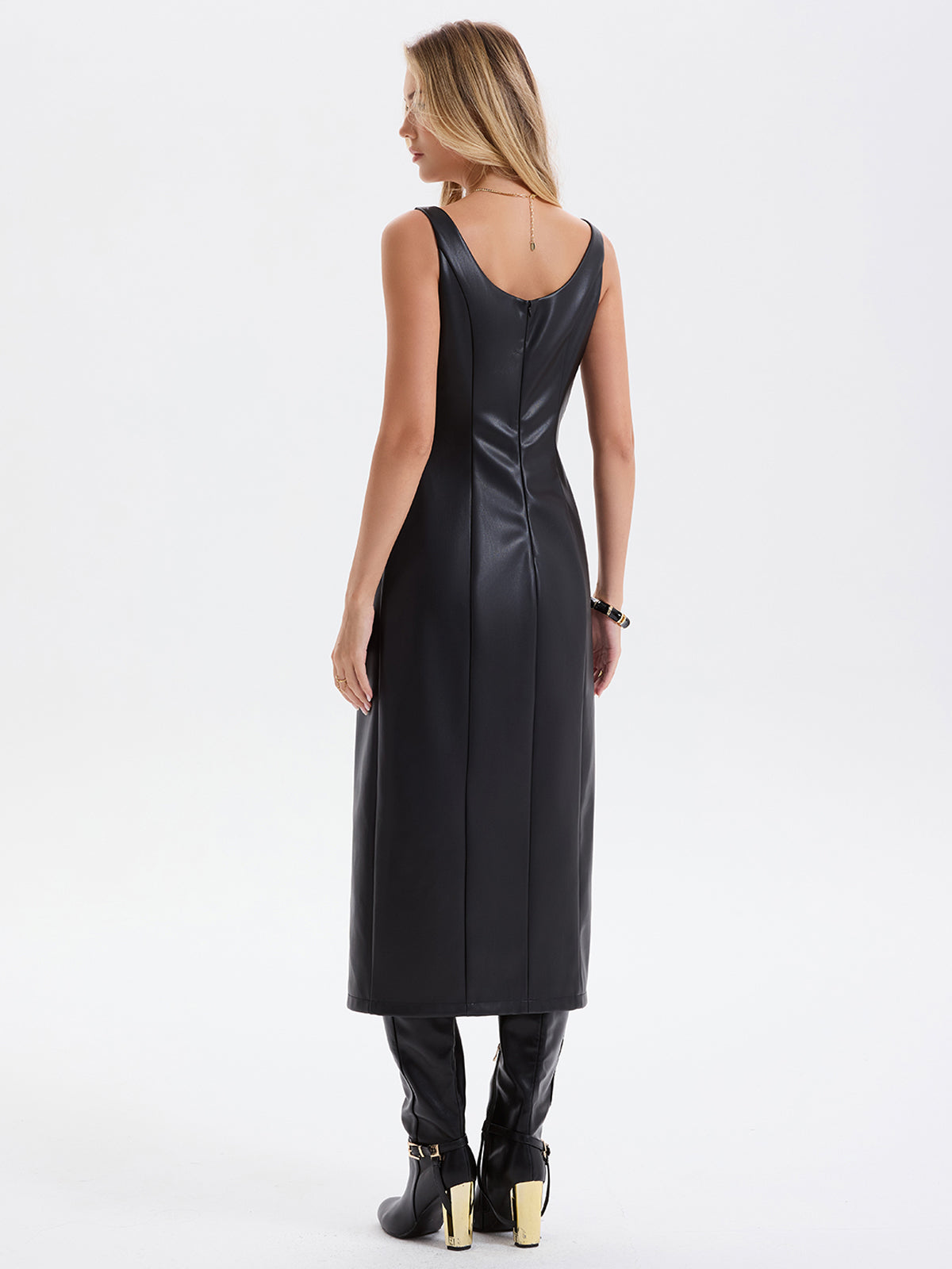 Faux Leather Sleeveless Asymmetrical Slit Midi Dress