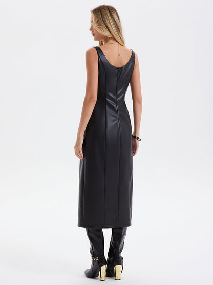 Faux Leather Sleeveless Asymmetrical Slit Midi Dress