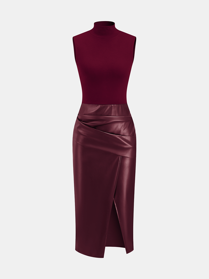Faux Leather Panel Mock Neck Sleeveless Dress
