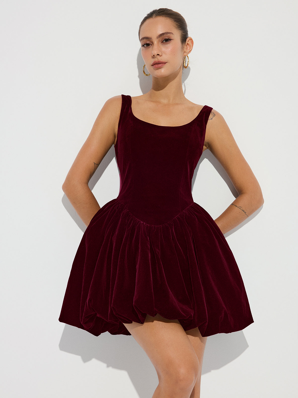 Bubble Hem Velvet Strappy Mini Dress