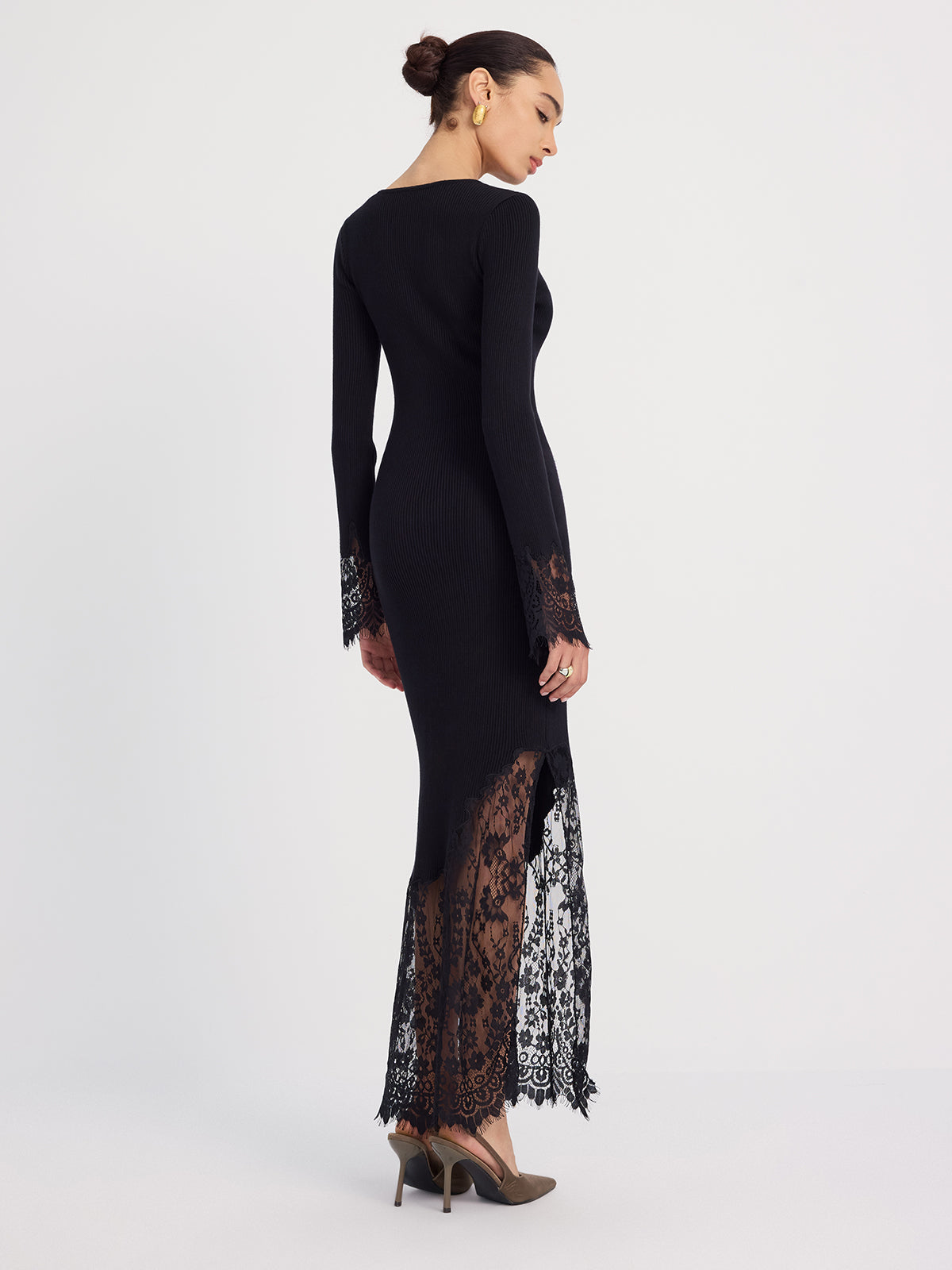 Lace-Trimmed Ribbed Knit Midi Dress