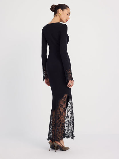 Lace-Trimmed Ribbed Knit Midi Dress