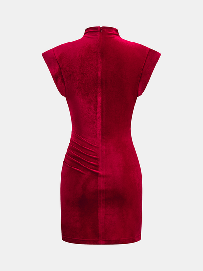 Velvet Mock Neck Ruched Sleeveless Dress